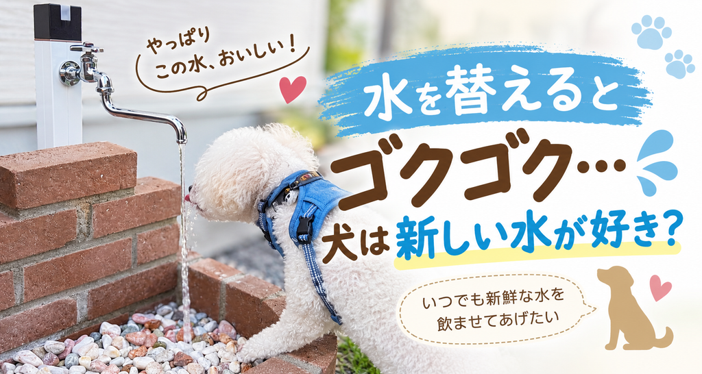 屋外の蛇口から流れる水を飲む白いトイプードルのぷっぴー