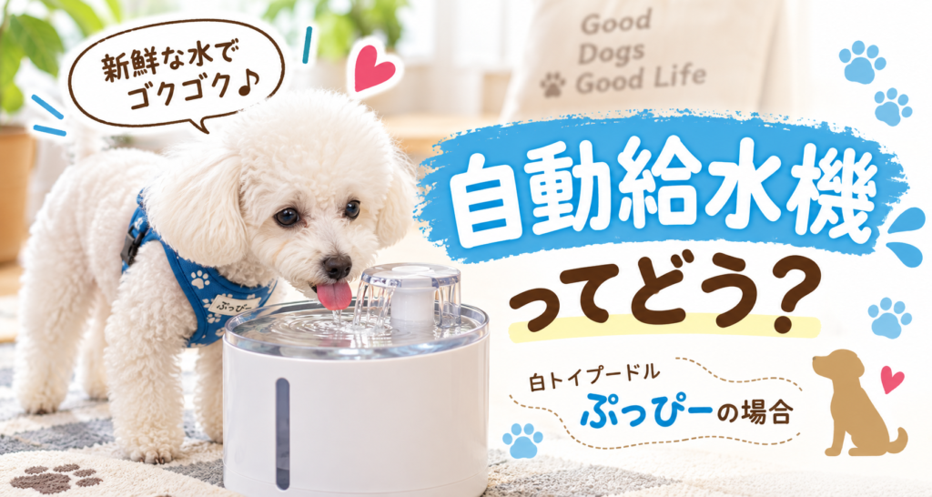 屋外の蛇口から流れる水を飲む白いトイプードルのぷっぴー