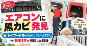 新築1年で黒カビが見つかったエアコンとクリーニングの様子、愛犬ぷっぴー