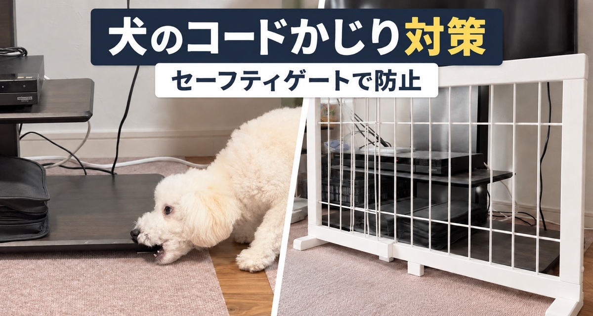 家具をかじる白いトイプードルと家具を守るために設置した白いセーフティゲート