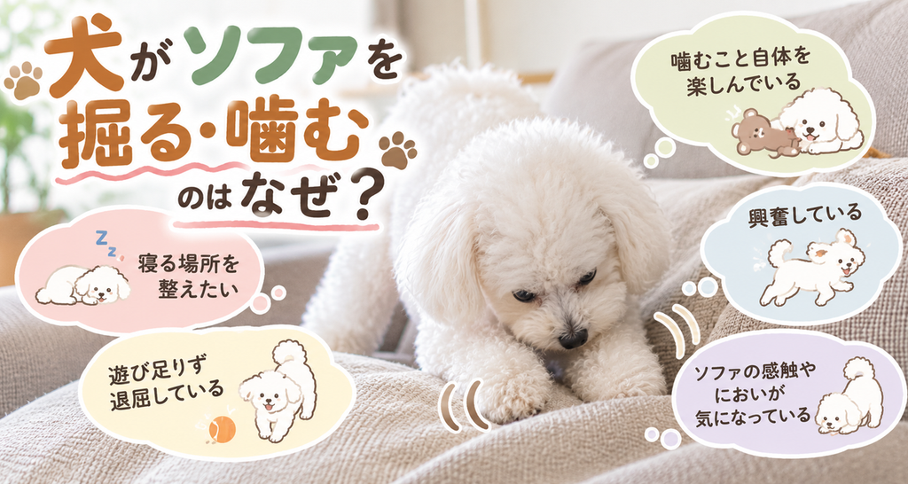 犬がソファを掘る・噛む理由を説明した図